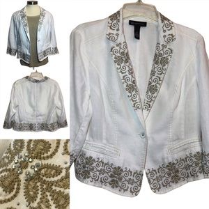 INC white linen gold embroidered beaded blazer PM